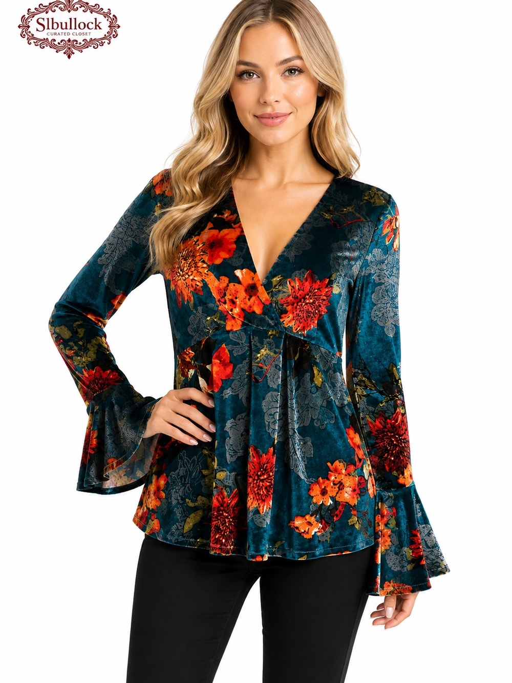 V3 VENUS Size Large Floral Stretch Velvet Bell Sleeve Crisscross Top